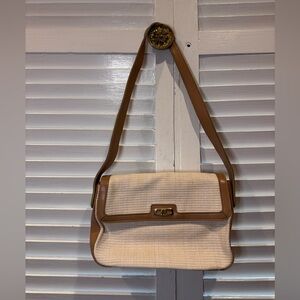 Vintage Etienne Aigner Woven Cotton Canvas Leather Shoulder Bag Tan Cream